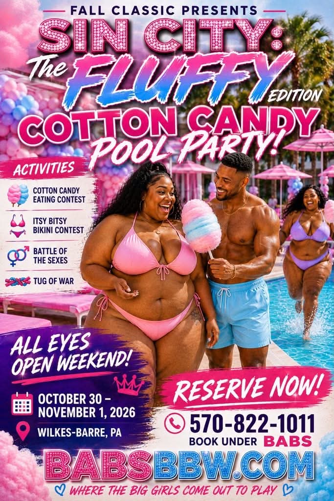 Sin City: The Fluffy Edition Cotton Candy Pool Party flyer featuring poolside guests, cotton candy, games, and October 30–November 1, 2026 event dates.